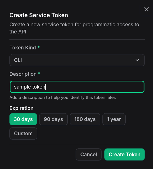 Create service token dialogue