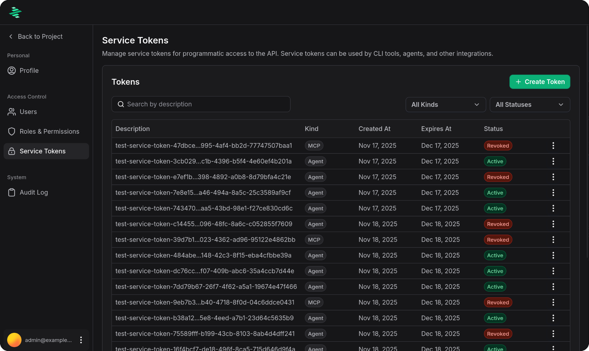 Service Token list