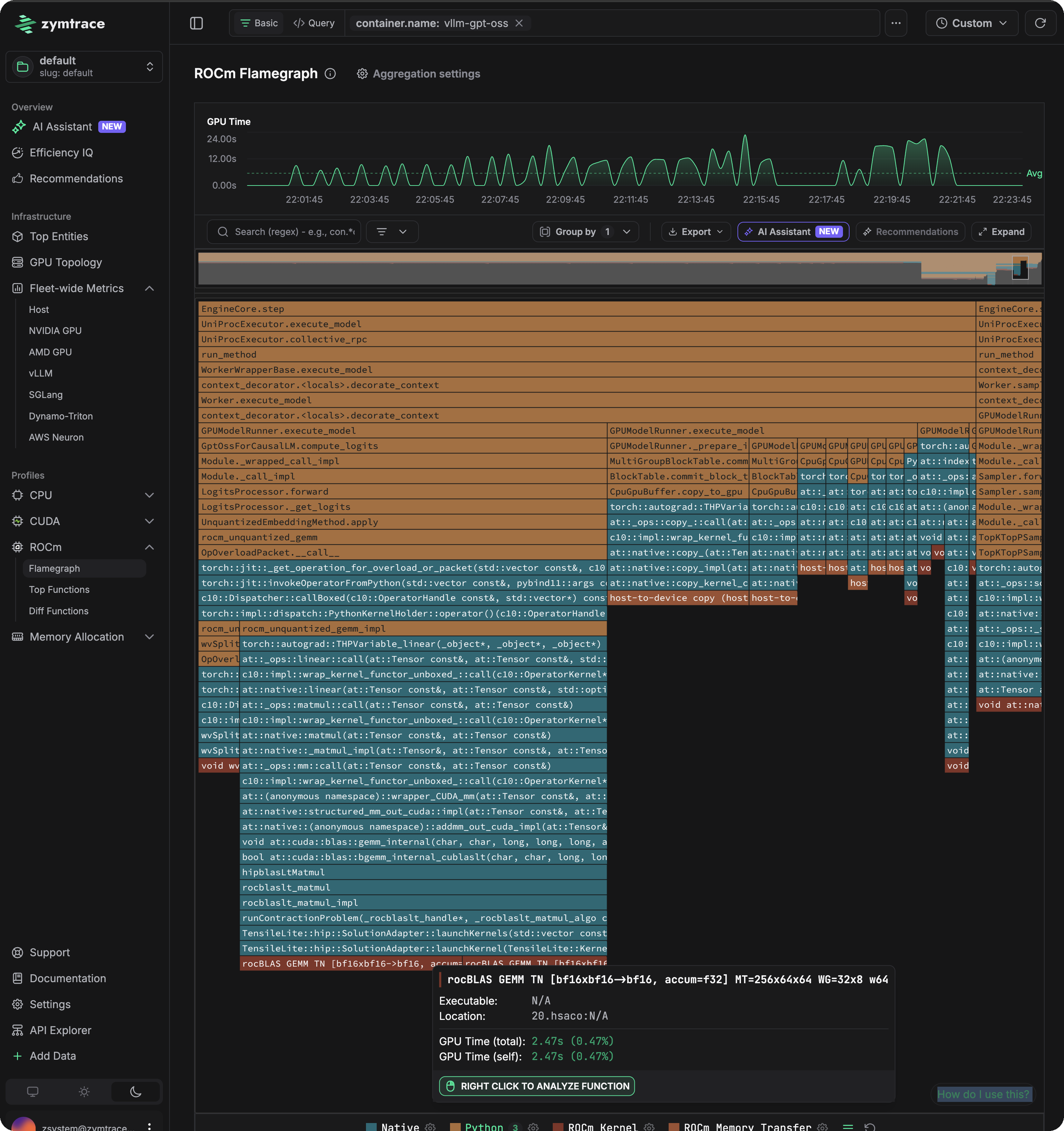 ROCm flamegraph of a vLLM GPT-OSS container on an MI325X, showing Python, PyTorch, and rocBLAS frames down to the HIP GEMM kernel