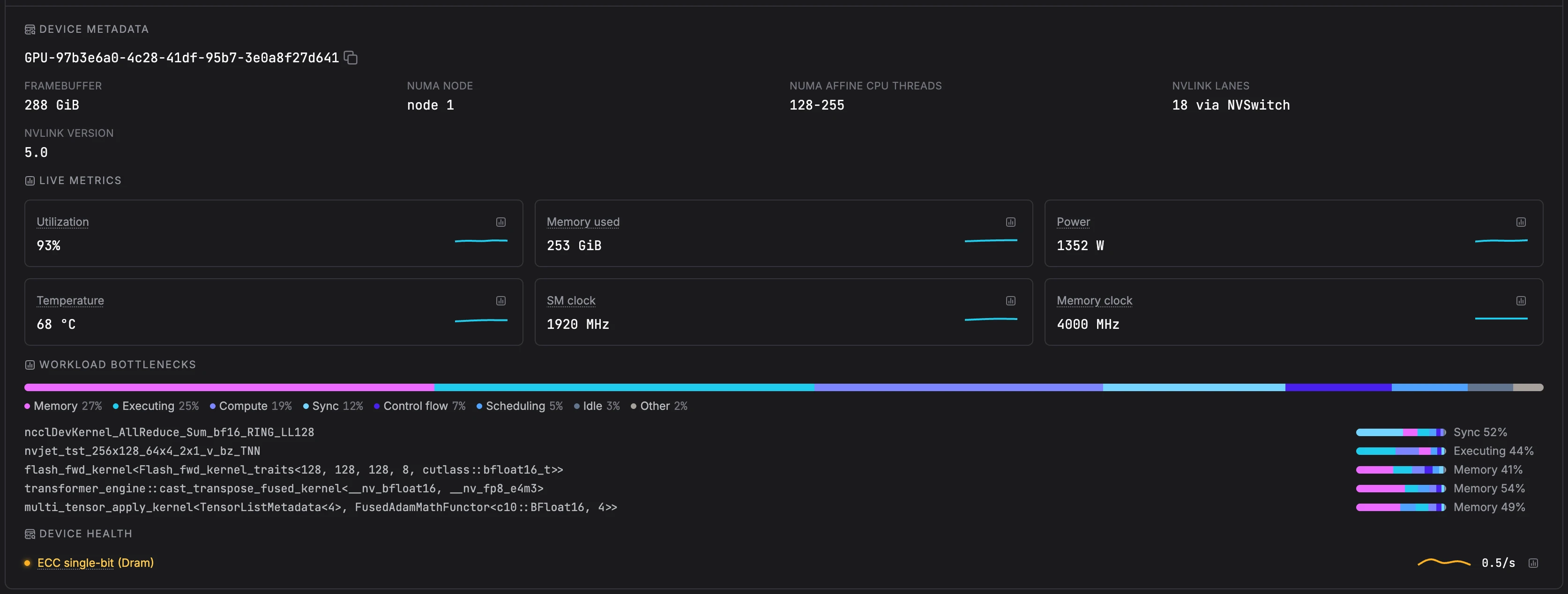 Expanded GPU with device metadata, live metrics, workload bottlenecks per kernel, and ECC errors under device health