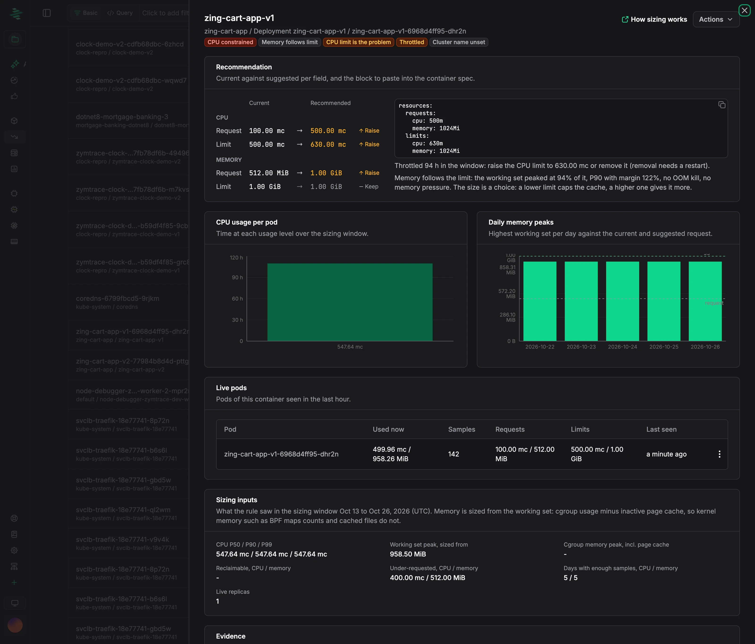 Details for a CPU-throttled pod: the suggestion raises the CPU request and limit and the memory request, with a resources YAML block, CPU usage per pod, daily memory peaks, and live pods