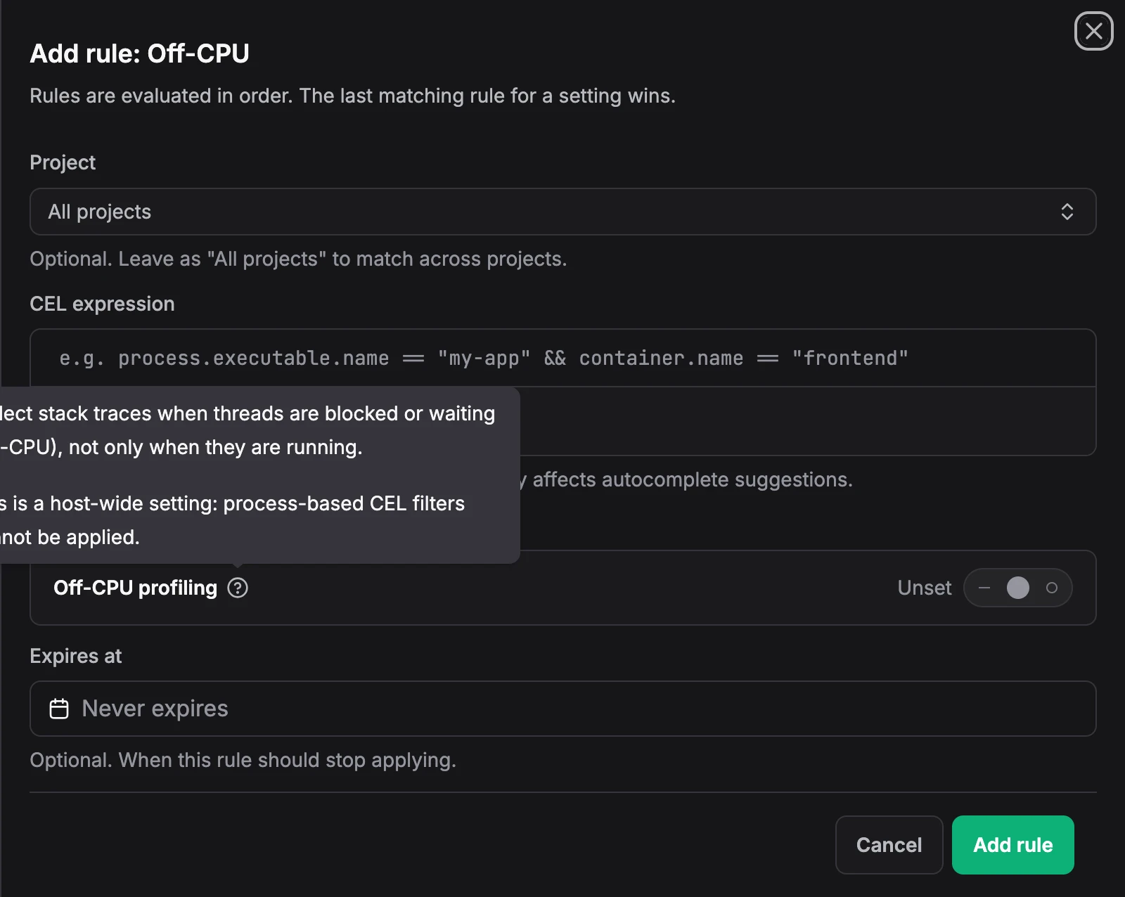 Add rule: Off-CPU form with project, CEL expression, Off-CPU profiling toggle, and expiry