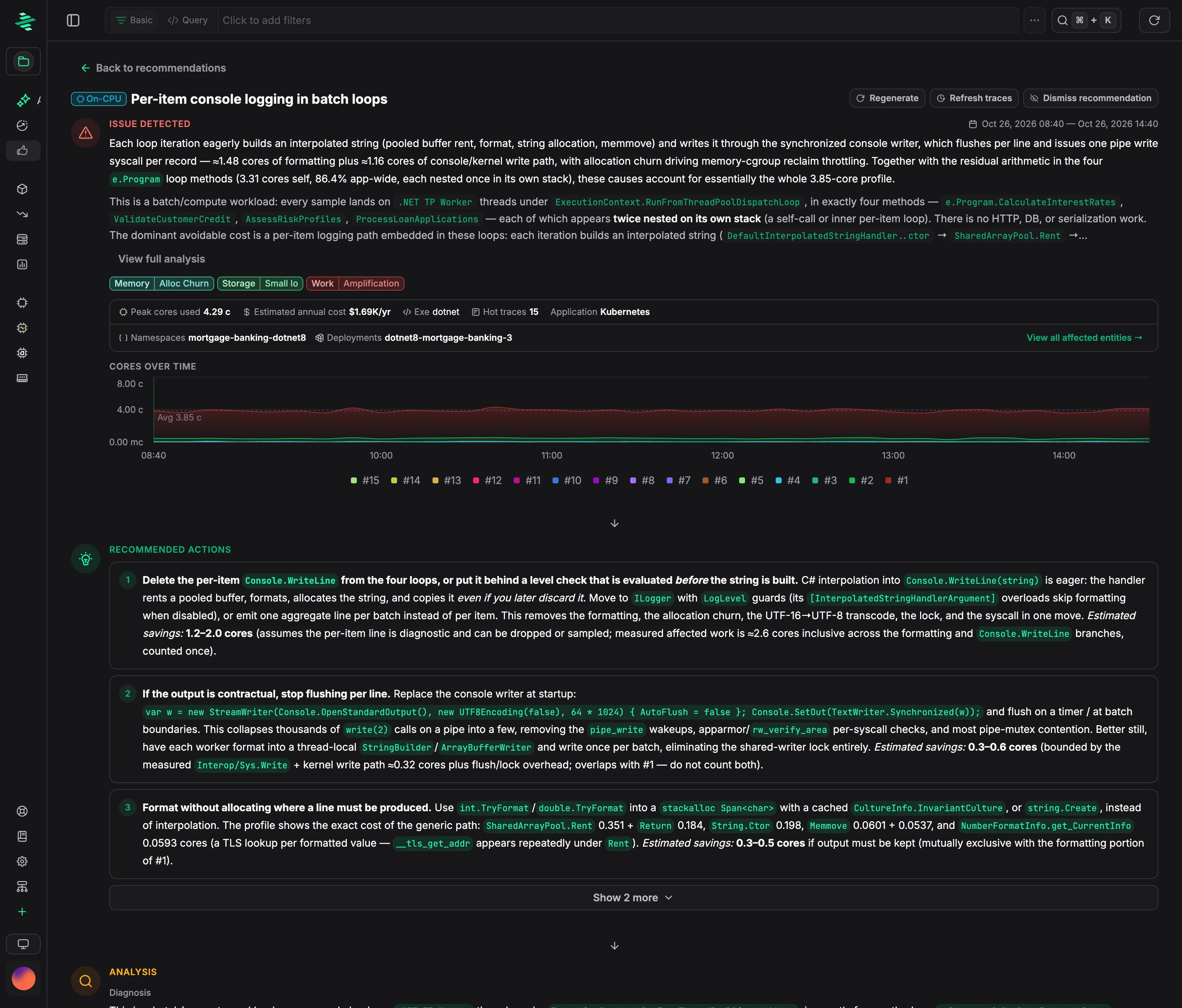 CPU recommendation for a .NET Kubernetes deployment, showing peak cores used, estimated annual cost, cores over time, and recommended actions with estimated savings in cores