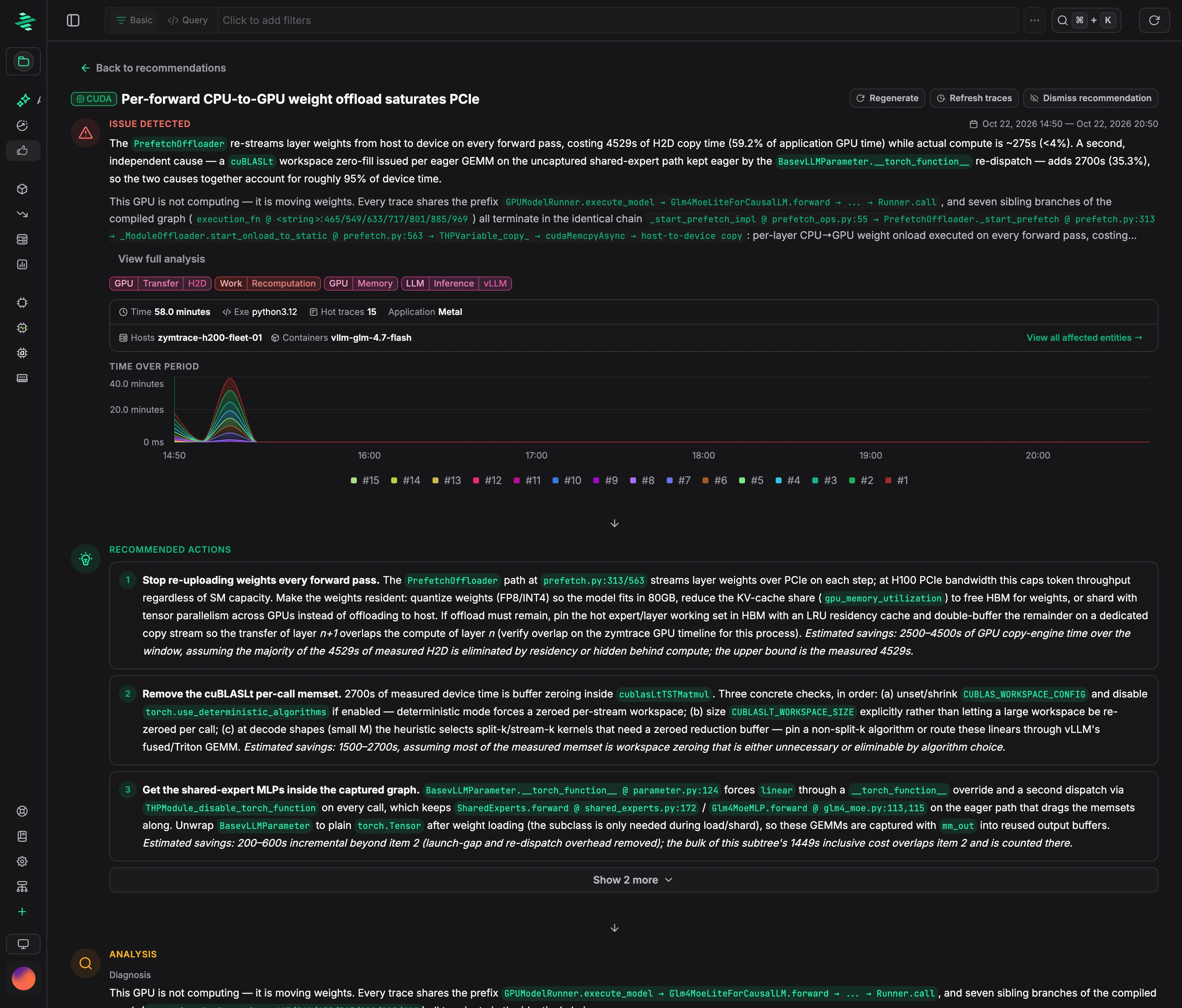 CUDA recommendation for a vLLM container, showing the issue detected, GPU time over the analysis window, and numbered recommended actions with estimated savings