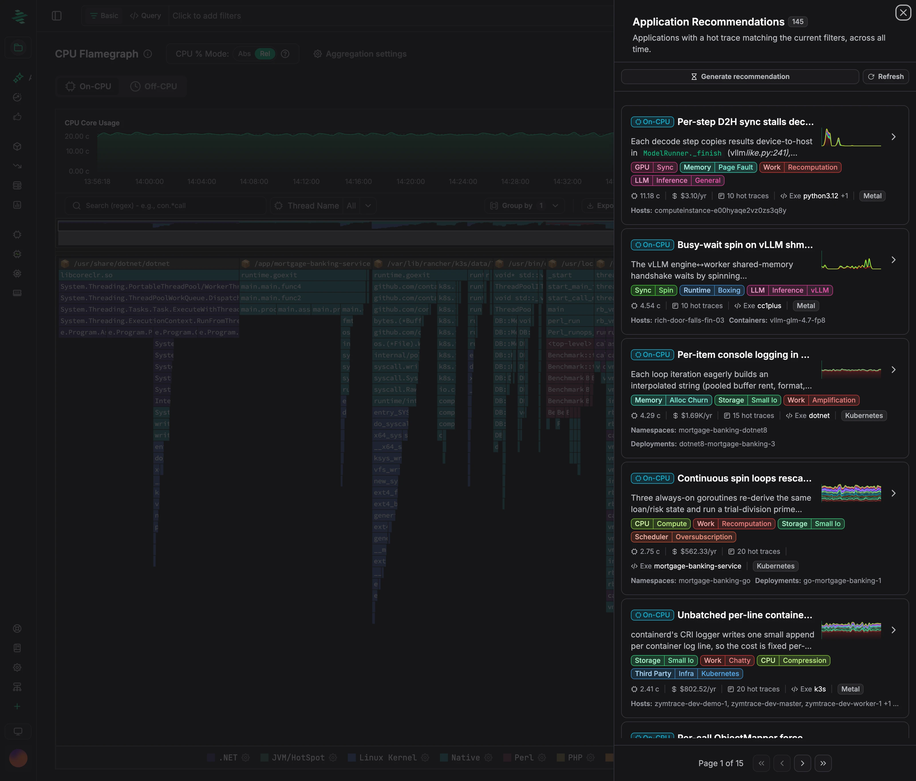 CPU flamegraph with the Application Recommendations panel open, listing recommendations that match the current filters, with Generate recommendation and Refresh buttons