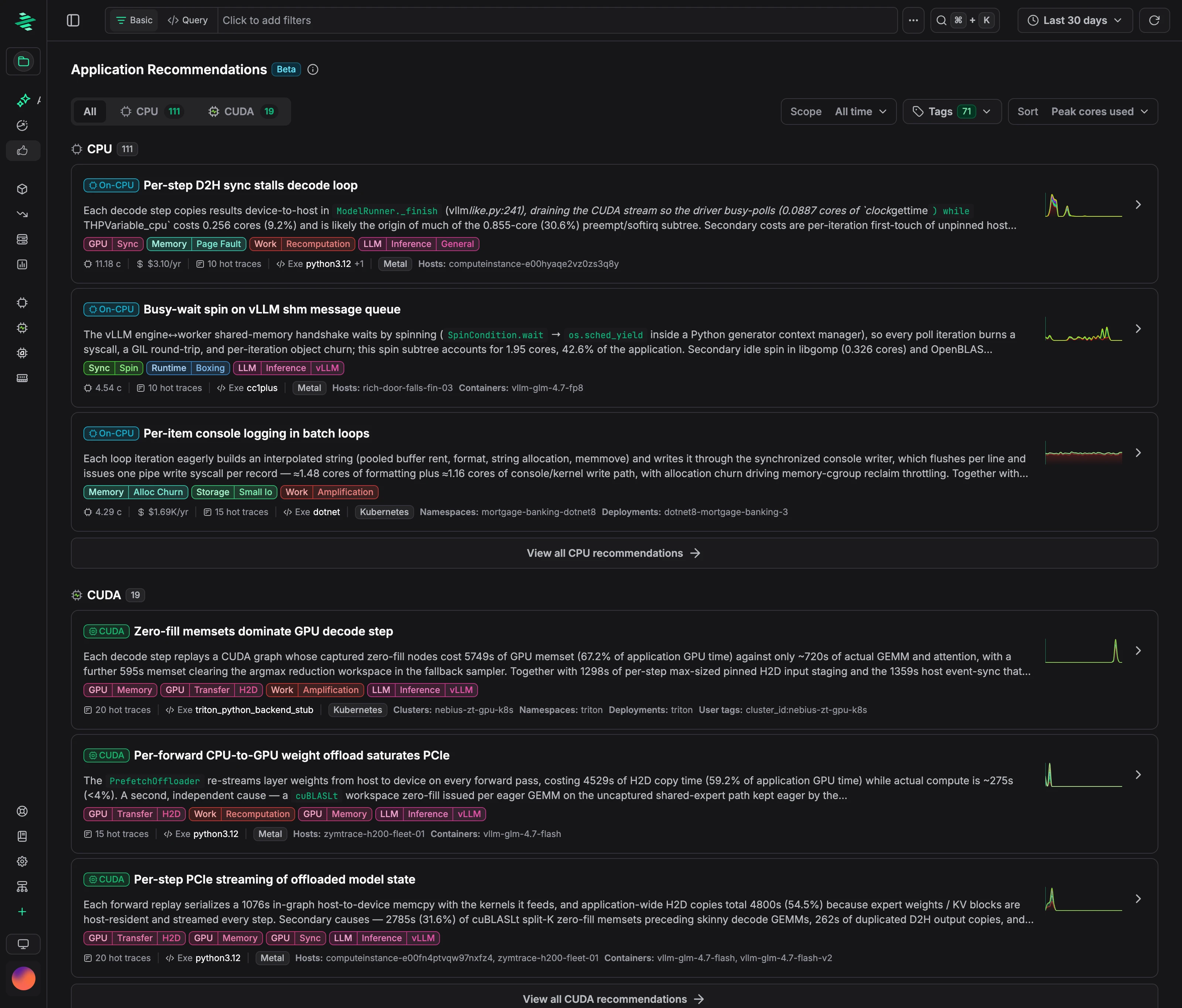 Application Recommendations list with CPU and CUDA sections, each recommendation showing a title, summary, tags, peak usage, hot trace count, and the application's scope