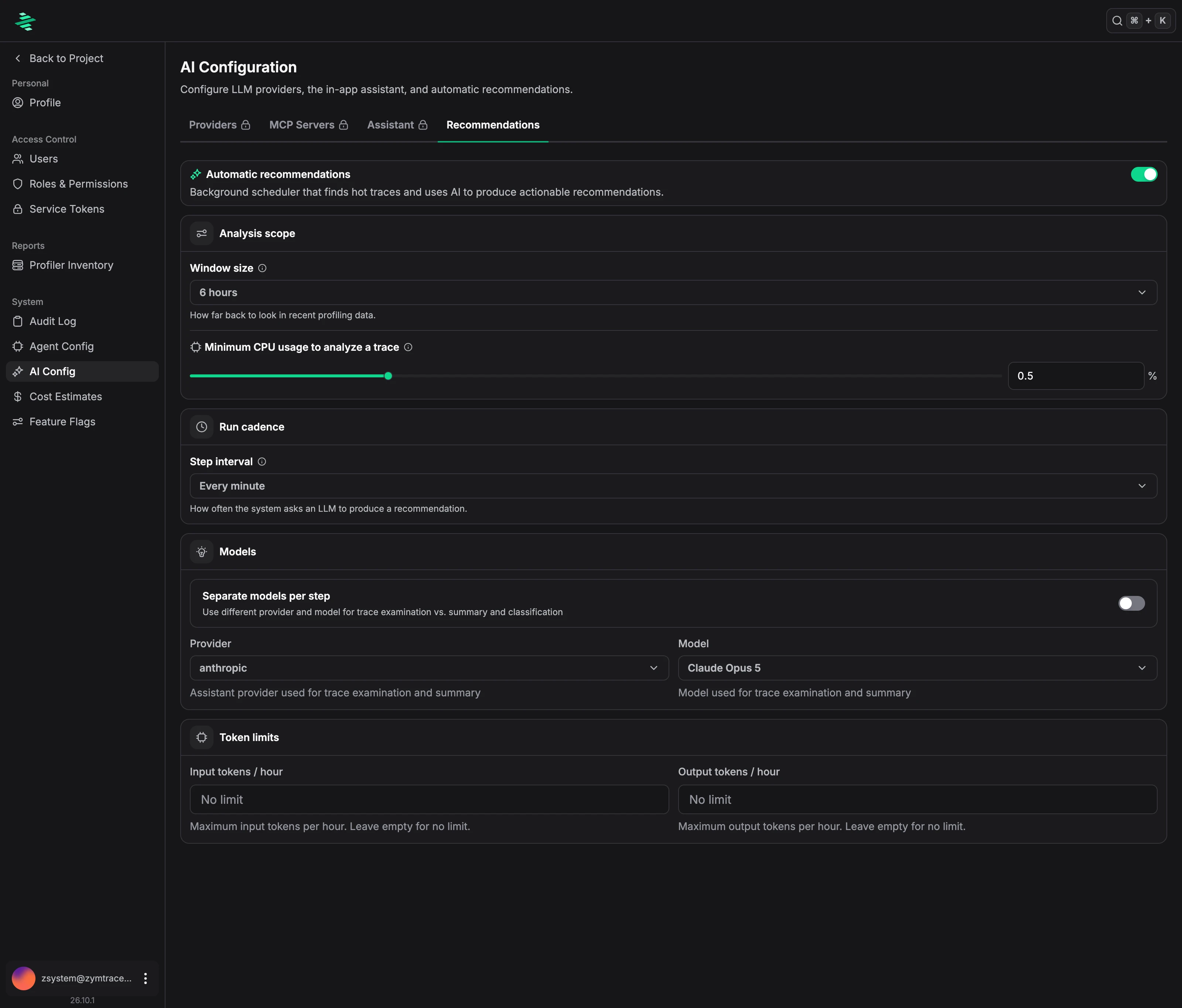 AI Configuration settings, Recommendations tab, with the Automatic recommendations toggle, analysis scope, run cadence, and model settings