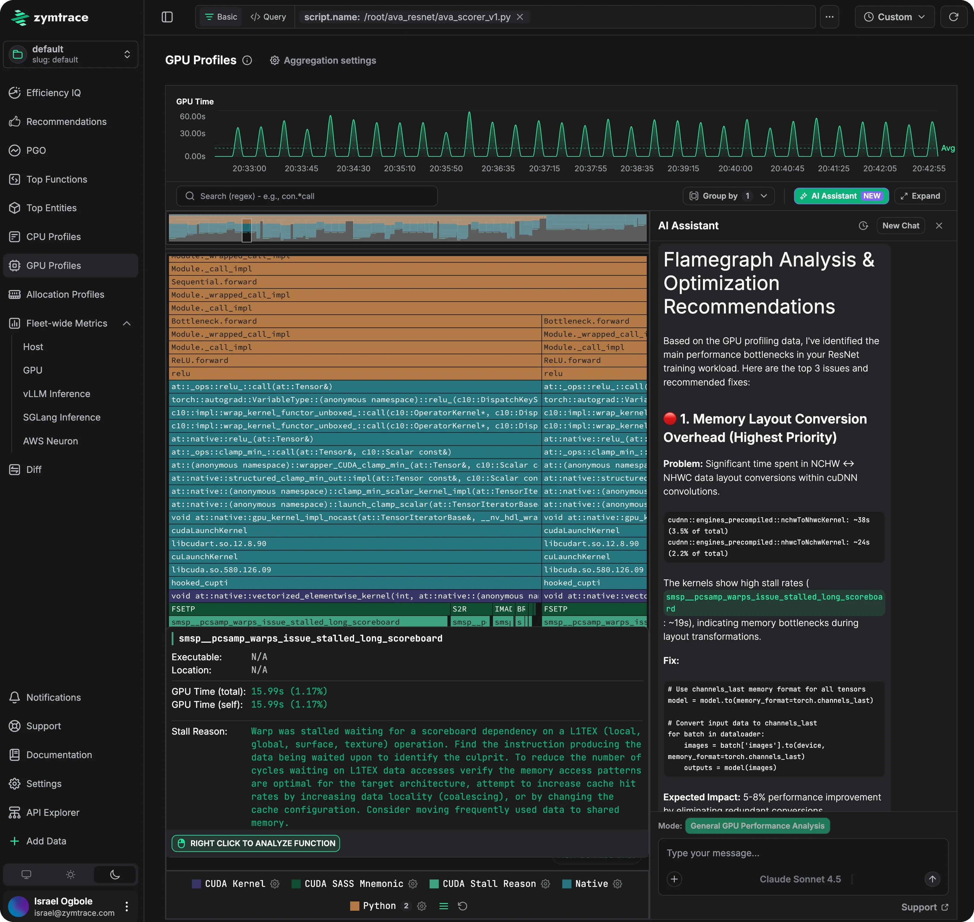 GPU flamegraph of a PyTorch ResNet inference script showing Python module frames, ATen operators, the CUDA launch path, a vectorized elementwise kernel with SASS mnemonics, and the selected long_scoreboard stall reason alongside AI optimization recommendations